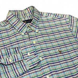 Ralph Lauren Mens L Shirt Blue Green Plaid Button Down Long Sleeve Flesh Pony